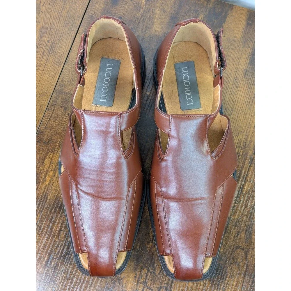 Lucio Ricci Mens Fisherman Dress Sandals Brown Leather Vent Toe Shoes Sz 9